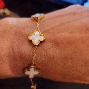 Gold and White Clover Link Bracelet - Women Jewelry